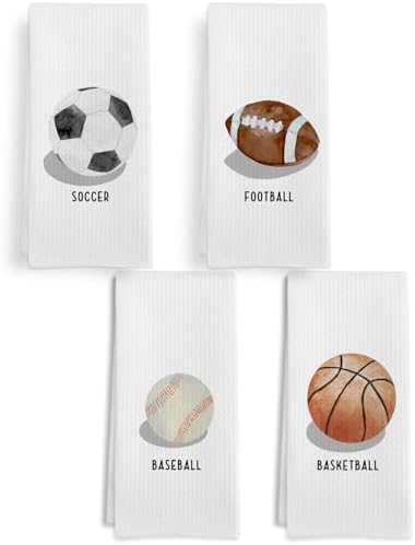 Boys Sports Towels Set of 4 - Basketball Soccer Baseball Football 16x24 Inch