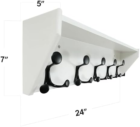 SKOLOO Wall Shelf with 5 Hooks - 24 Inch White Coat Rack