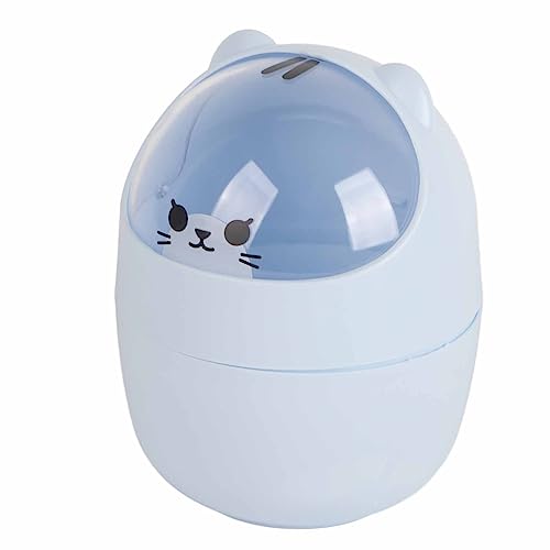 Cute Desktop Trash Can with Swing Lid - Cartoon Cat Design Blue