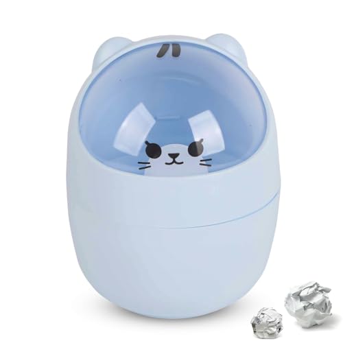 Cute Desktop Trash Can with Swing Lid - Cartoon Cat Design Blue