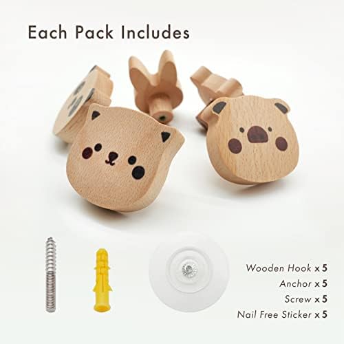 WONQEXZ Set of 5 Wooden Animal Wall Hooks