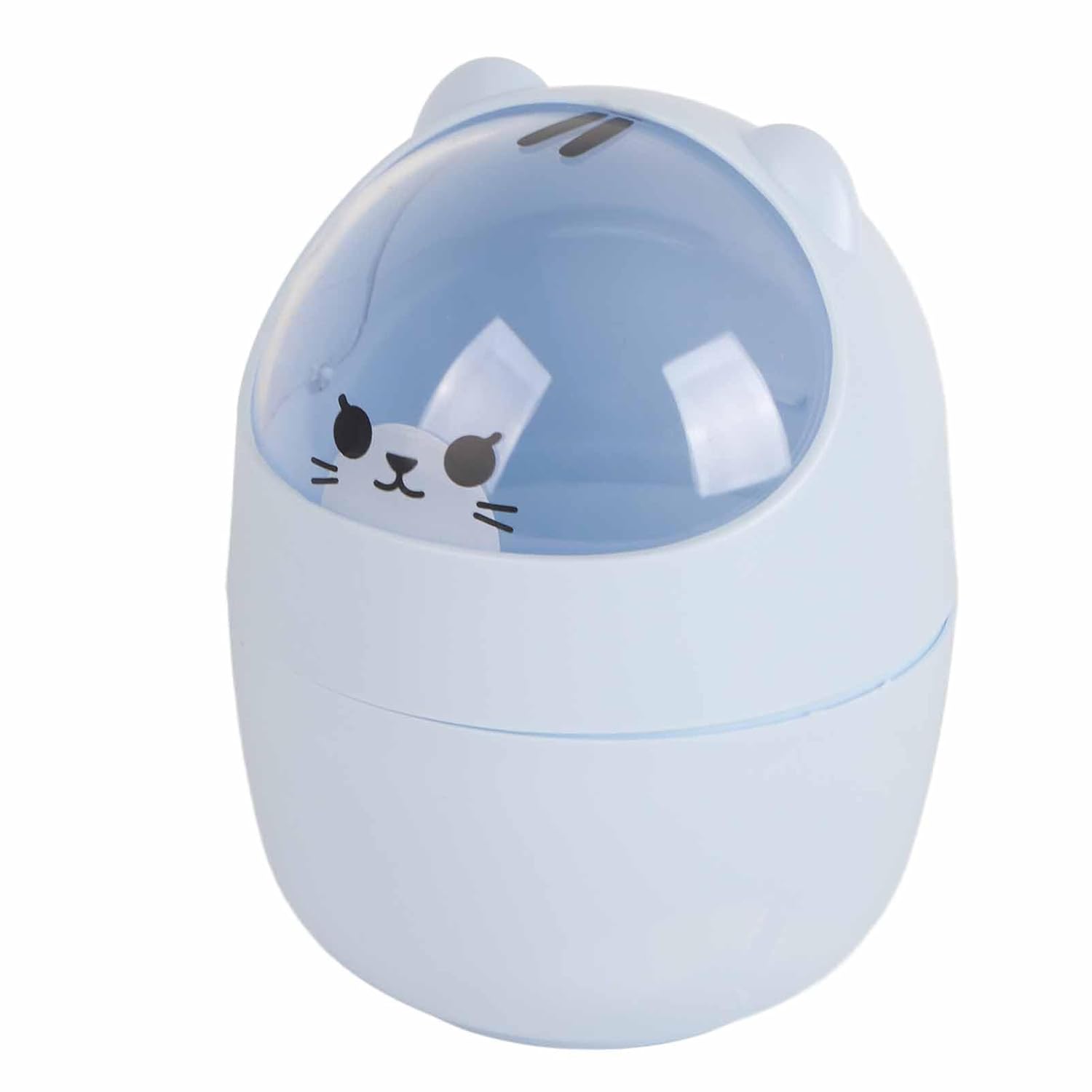 Cute Desktop Trash Can with Swing Lid - Cartoon Cat Design Blue