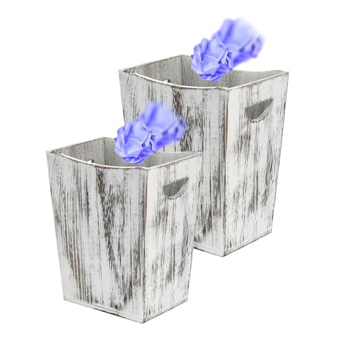 2 Pack Rustic White Wooden Trash Cans with Curve Design