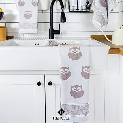 Hencely Tea Towels Set of 3 Brown Owls 100 Organic Cotton