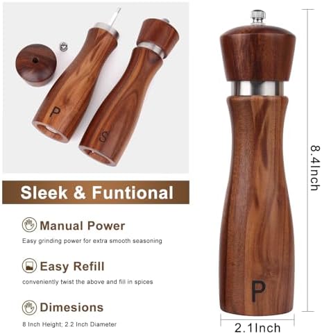 2 Pack Acacia Wood Salt Pepper Mill Set