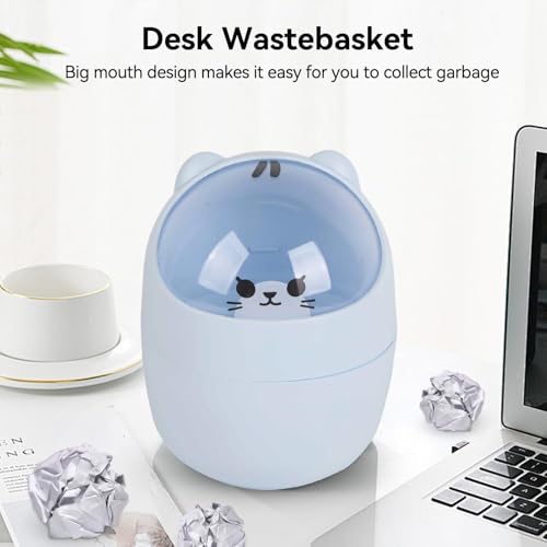 Cute Desktop Trash Can with Swing Lid - Cartoon Cat Design Blue