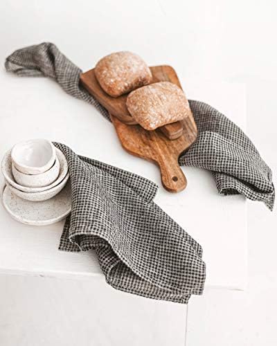 Pure Linen Hand Towels Set of 2 - Waffle Weave Black-Natural