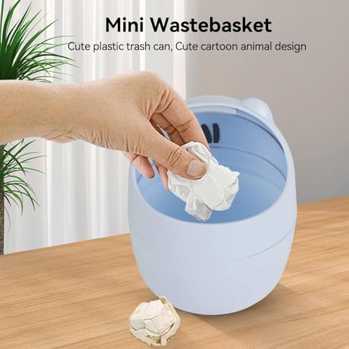 Cute Desktop Trash Can with Swing Lid - Cartoon Cat Design Blue