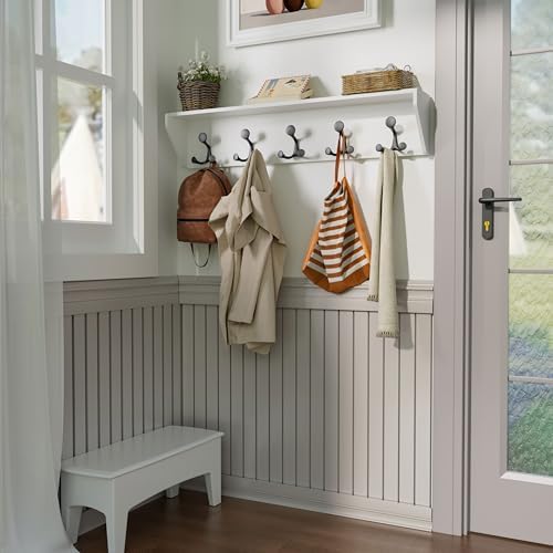 SKOLOO Wall Shelf with 5 Hooks - 24 Inch White Coat Rack
