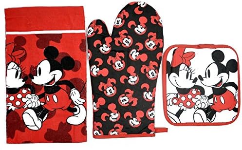 Disney Oven Mitt Pot Holder Dish Towel 3 pc Set Mickey Minnie Red