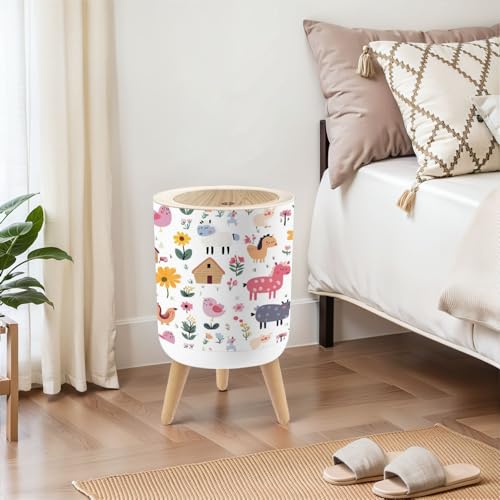 Small Trash Can with Lid Farm Animals Flowers Fruits 18 Gallon Dog Proof