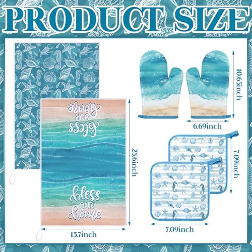Leinuosen Ocean Pattern Dish Towels and Oven Mitts Set