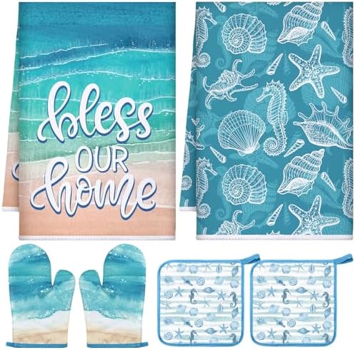 Leinuosen Ocean Pattern Dish Towels and Oven Mitts Set