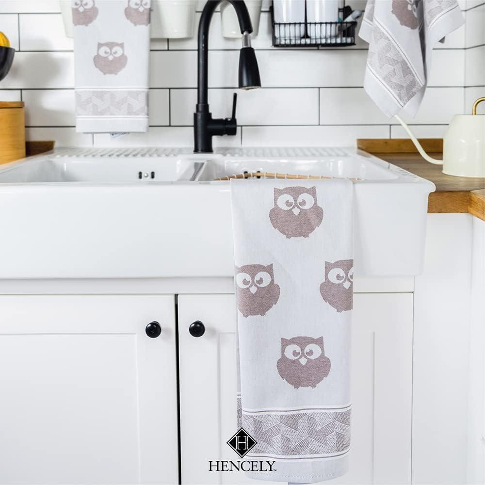 Hencely Tea Towels Set of 3 Brown Owls 100 Organic Cotton