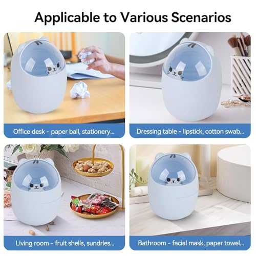 Cute Desktop Trash Can with Swing Lid - Cartoon Cat Design Blue