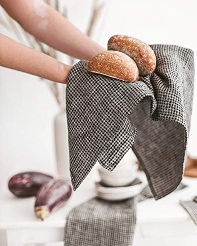 Pure Linen Hand Towels Set of 2 - Waffle Weave Black-Natural