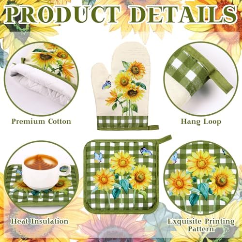 Leinuosen Farmhouse Sunflower Oven Mitts and Dish Towels Set
