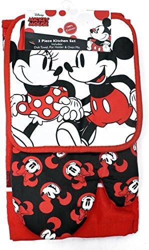 Disney Oven Mitt Pot Holder Dish Towel 3 pc Set Mickey Minnie Red