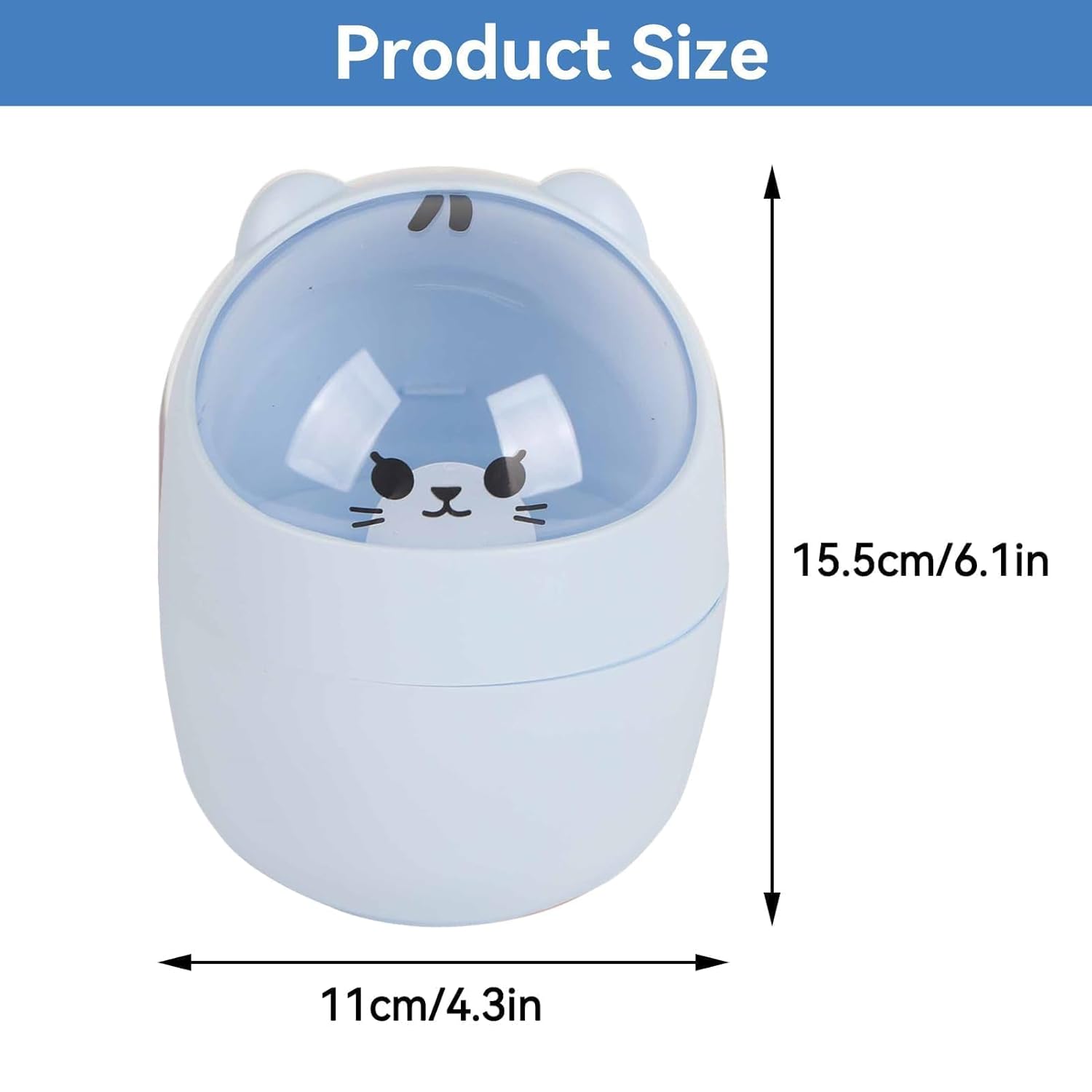Cute Desktop Trash Can with Swing Lid - Cartoon Cat Design Blue