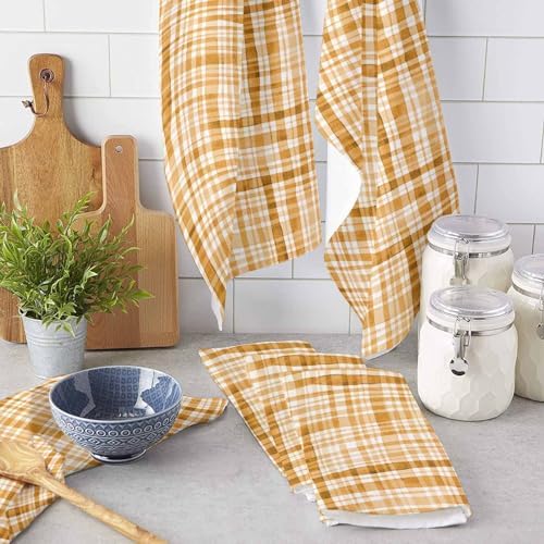 ZOE GARDEN Brown Orange Plaid Dish Towels 4-PC 18x28