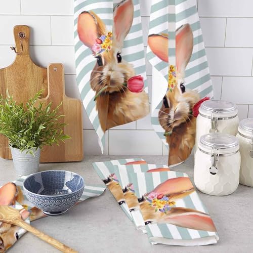 ZOE GARDEN Easter Rabbit Kitchen Towels 4-PC Geometric Stripes Set