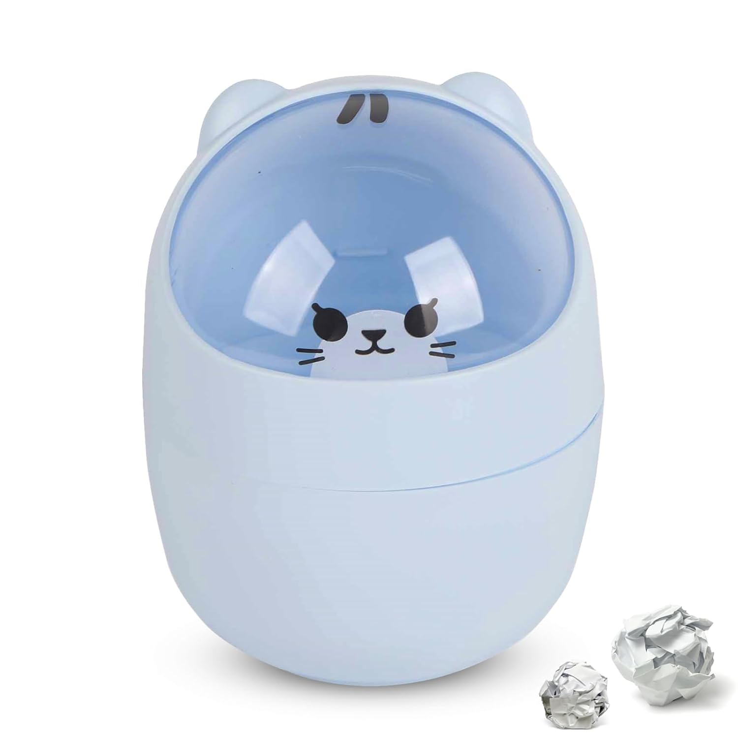 Cute Desktop Trash Can with Swing Lid - Cartoon Cat Design Blue