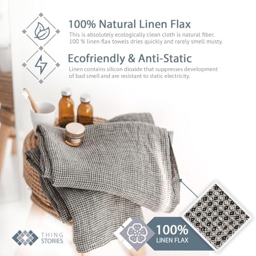 Pure Linen Hand Towels Set of 2 - Waffle Weave Black-Natural
