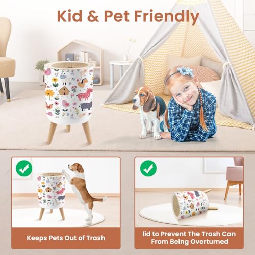 Small Trash Can with Lid Farm Animals Flowers Fruits 18 Gallon Dog Proof