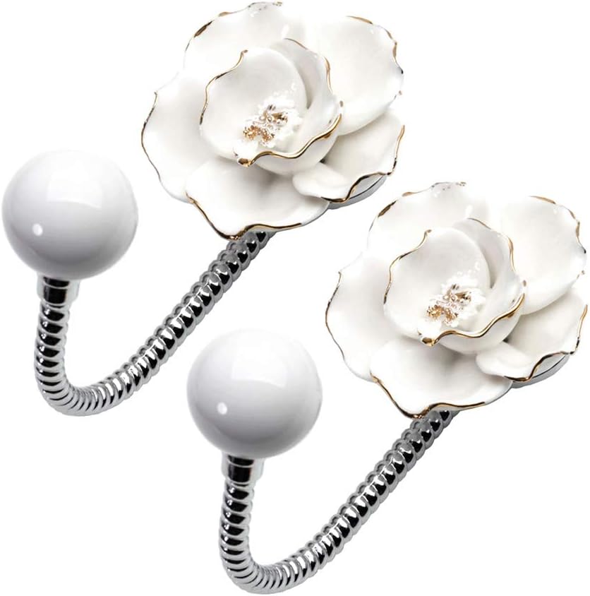 MDPLY 3D Flower Ceramic Wall Hooks Set 2Pcs White