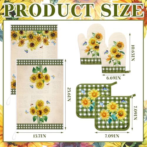 Leinuosen Farmhouse Sunflower Oven Mitts and Dish Towels Set