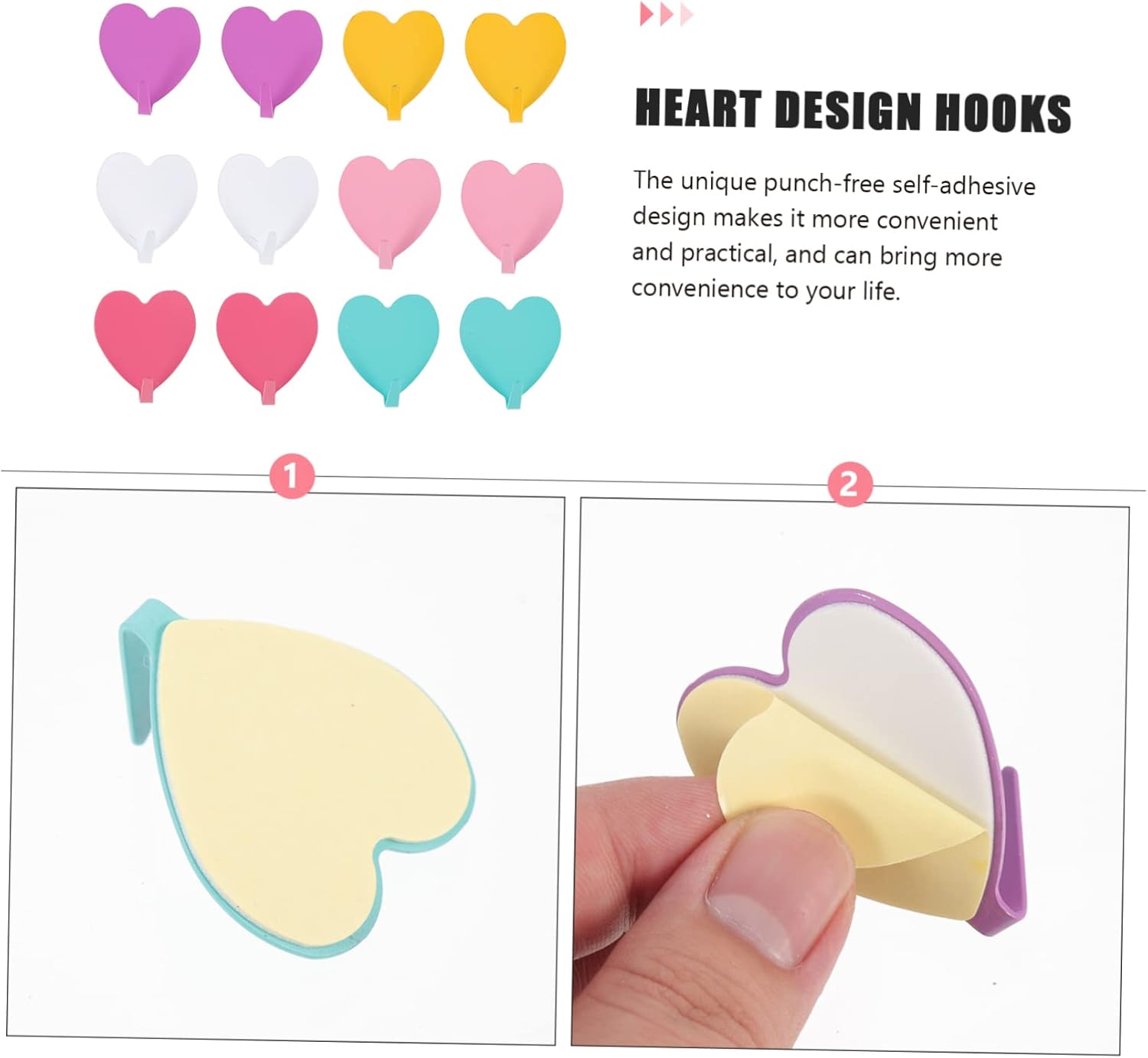 Homoyoyo 12pcs Heart Shaped Wall Hooks - Adhesive Key Coat Hangers for Home