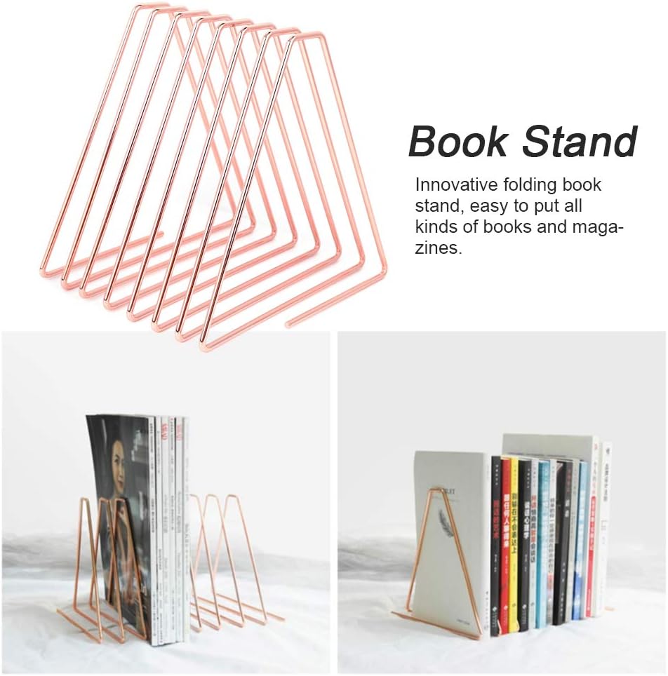 Gsycle Adjustable Bookends with Organizer Holder for Home Office Rose Gold
