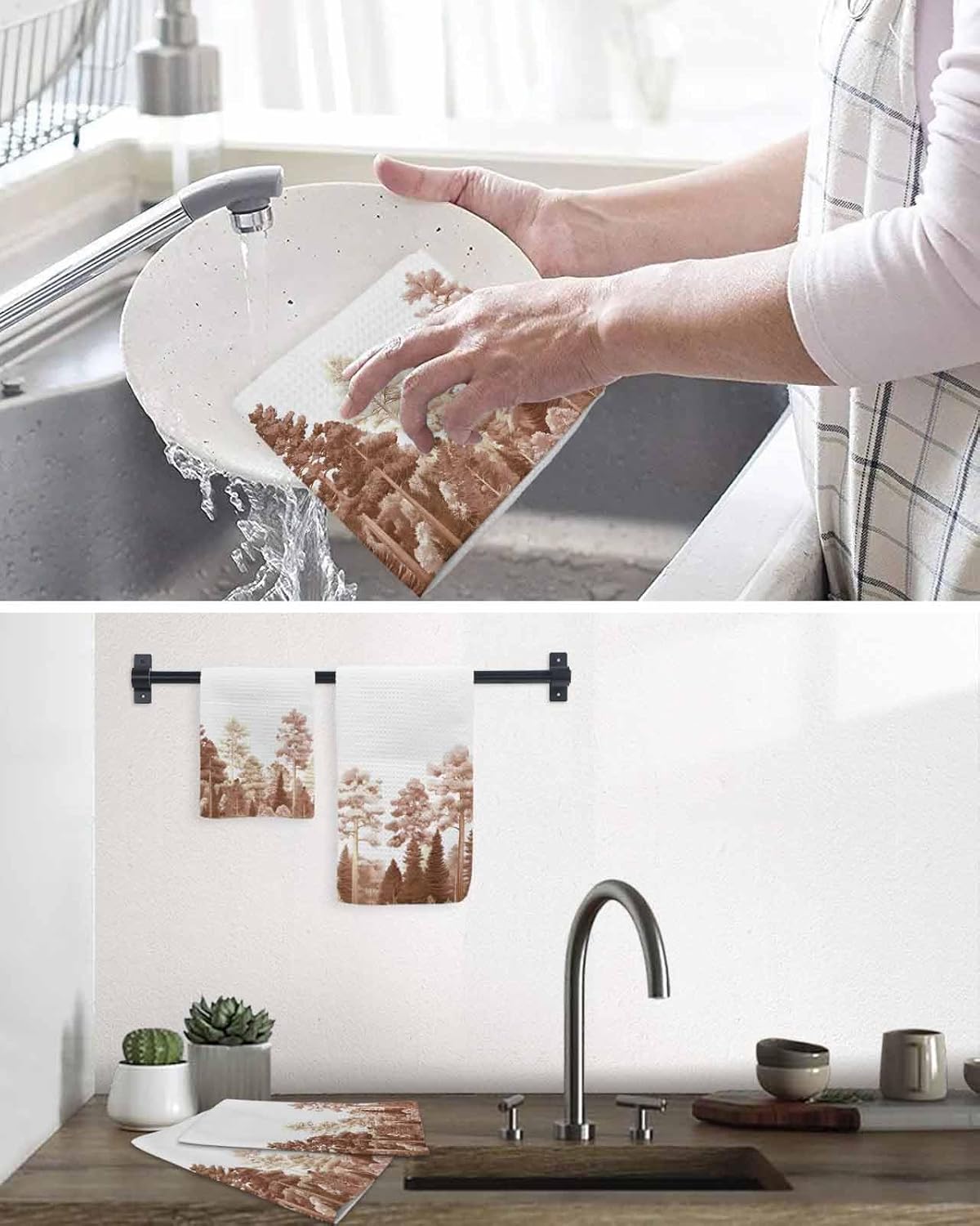 Falaniique Waffle Dish Towels Set of 2 Nature Pine Maple Tree Design