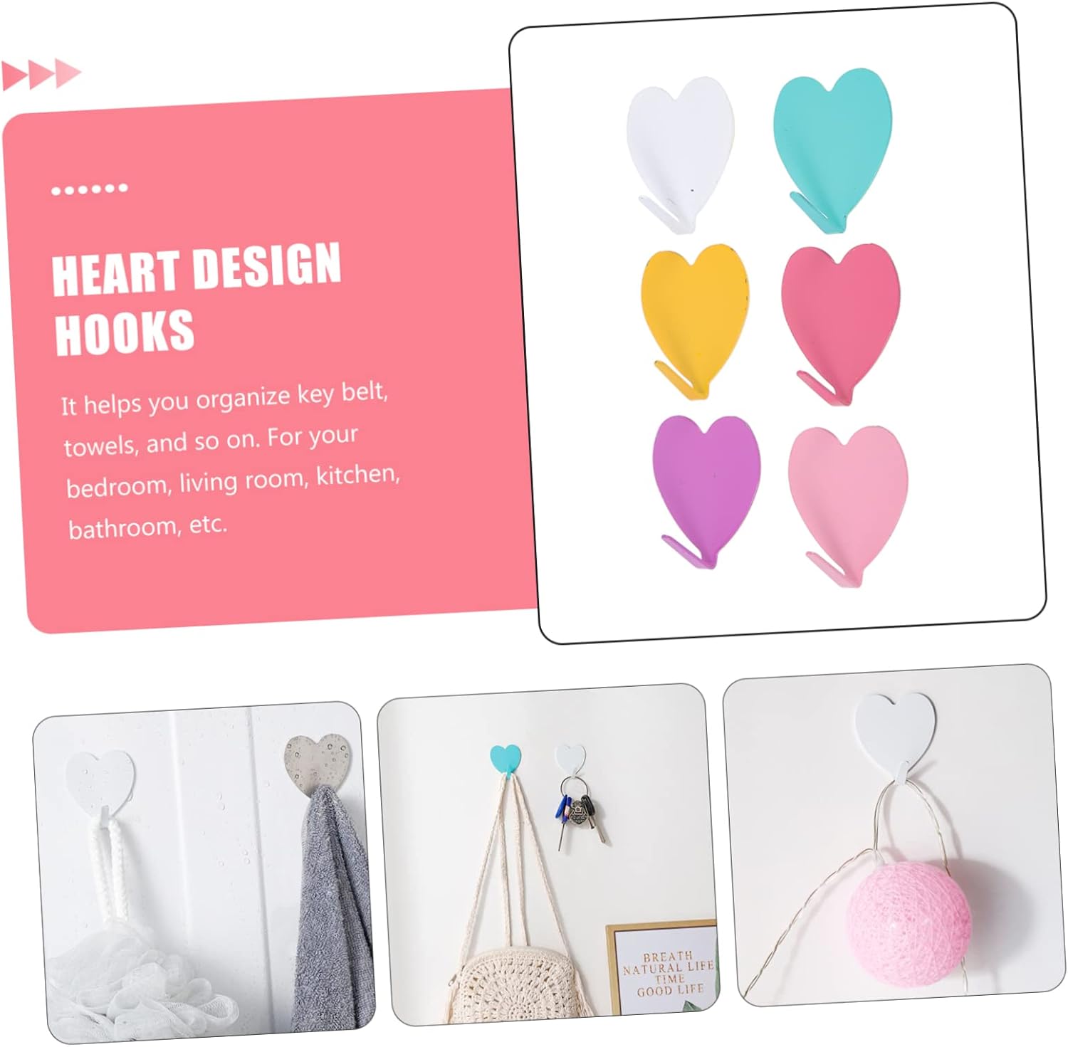 Homoyoyo 12pcs Heart Shaped Wall Hooks - Adhesive Key Coat Hangers for Home