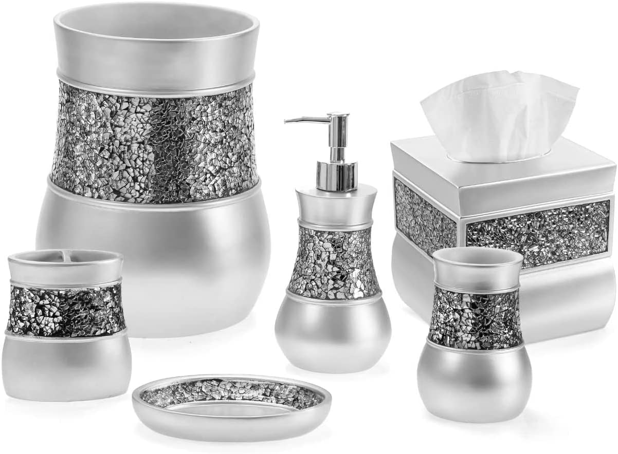 Crackled Glass Silver Small Decorative Trash Can