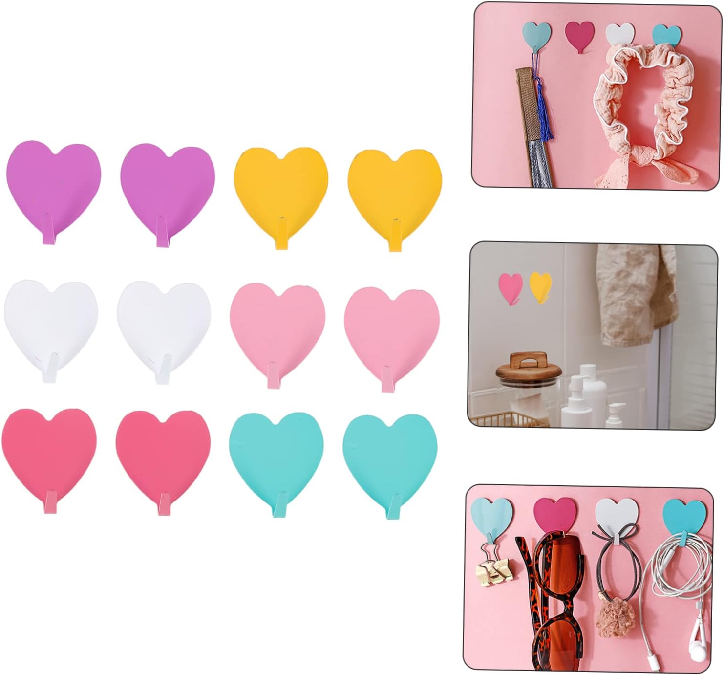 Homoyoyo 12pcs Heart Shaped Wall Hooks - Adhesive Key Coat Hangers for Home