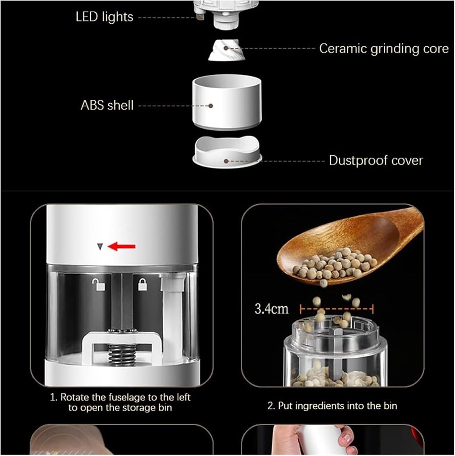 Electric Gravity Pepper Grinder with Adjustable Coarseness and LED Light
