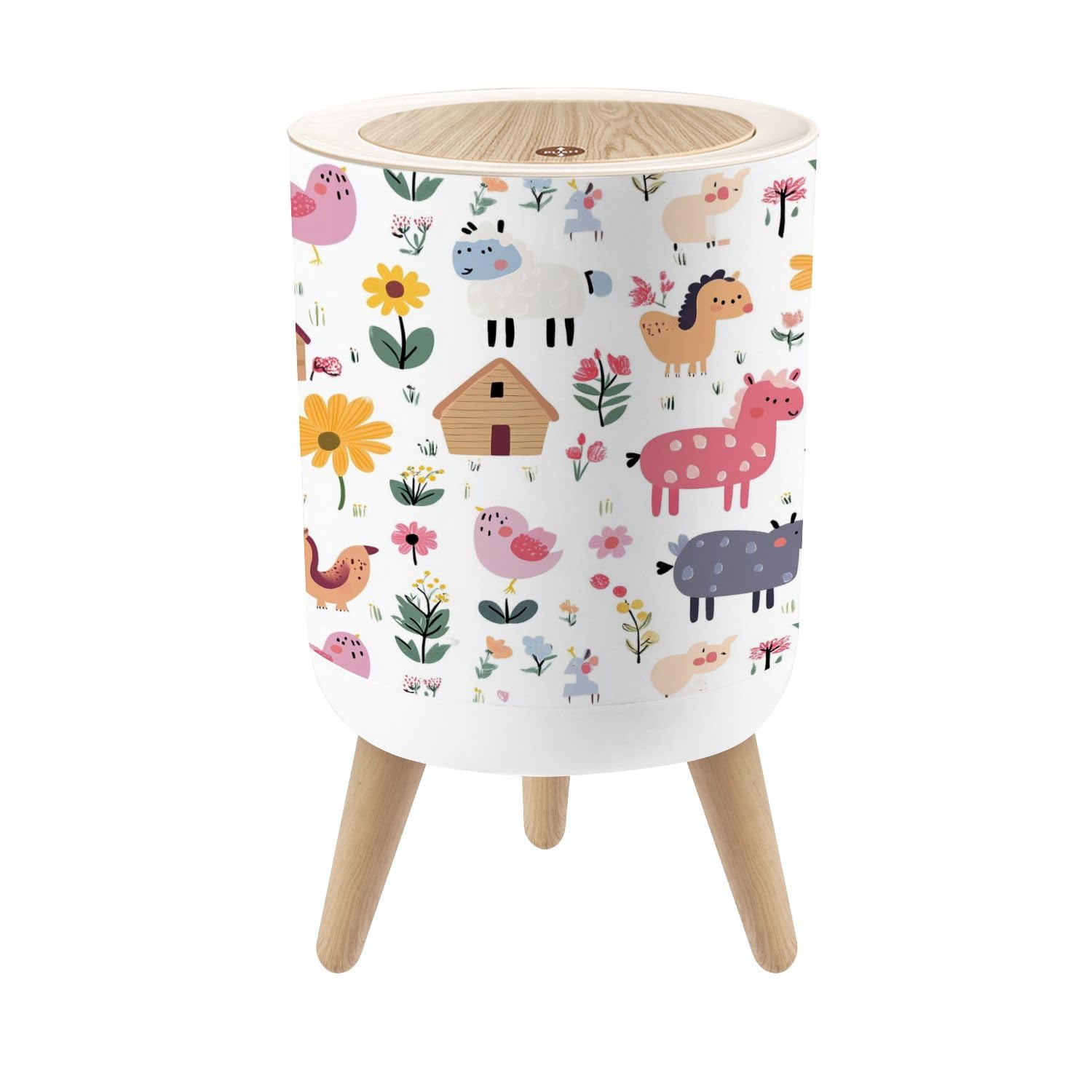 Small Trash Can with Lid Farm Animals Flowers Fruits 18 Gallon Dog Proof