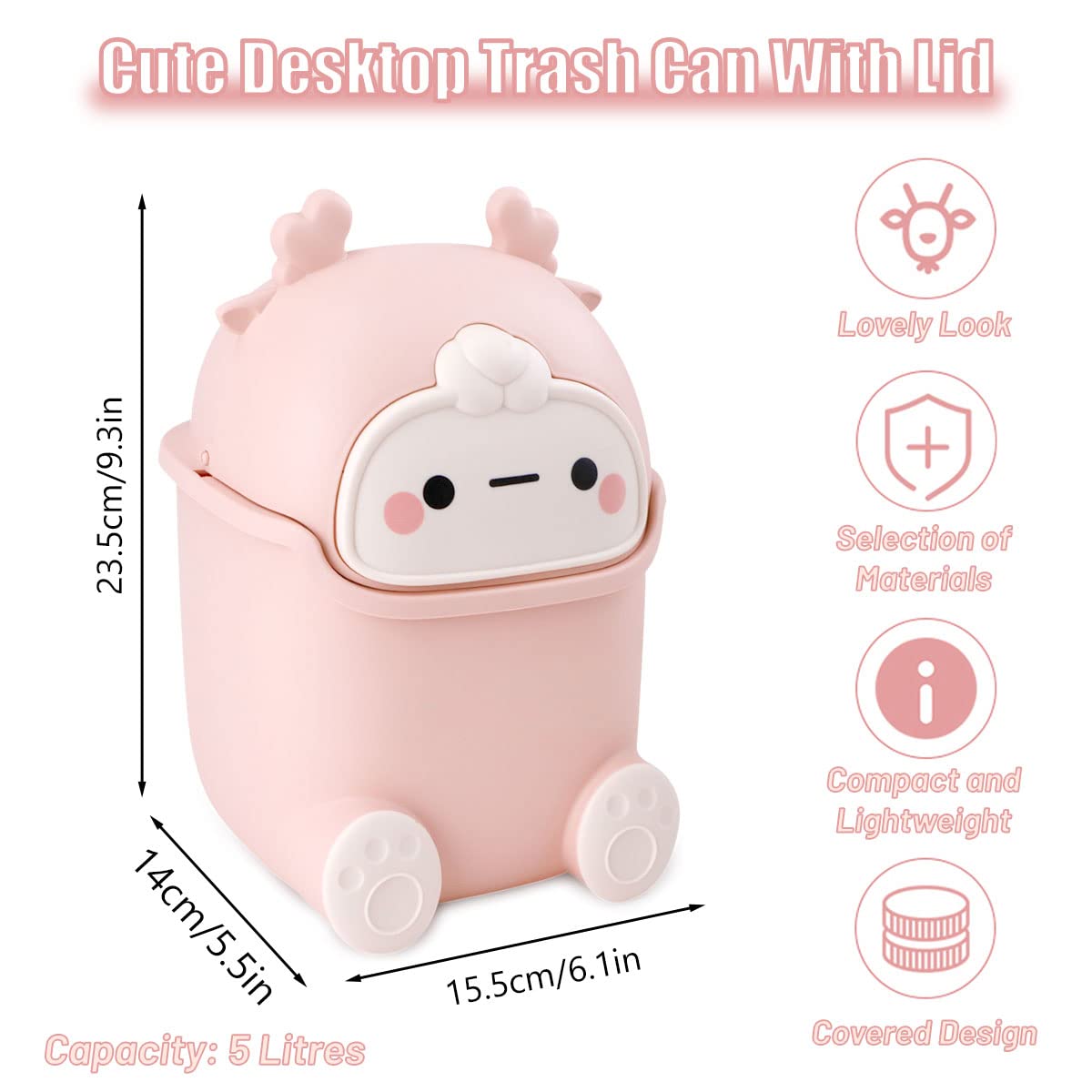 Cute Deer Desktop Trash Can with 90 Bags Pink 1