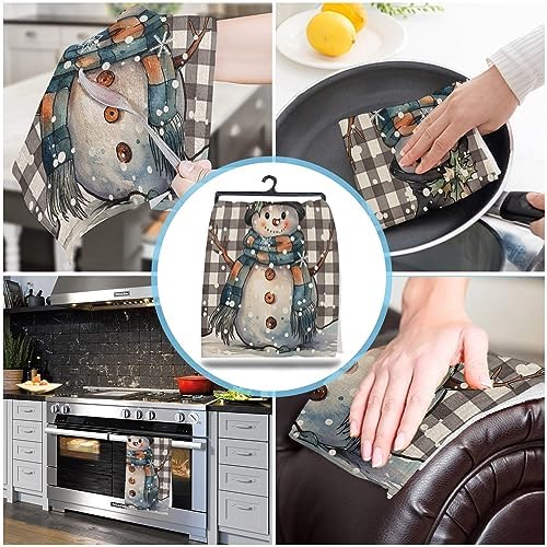 ZOE GARDEN Buffalo Plaid Snowman Dish Towel - 18x28 Quick Dry Christmas Design