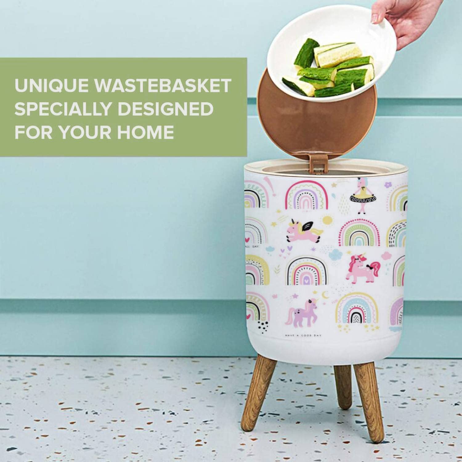 Small Trash Can with Lid Rainbow Design 18 Gallon