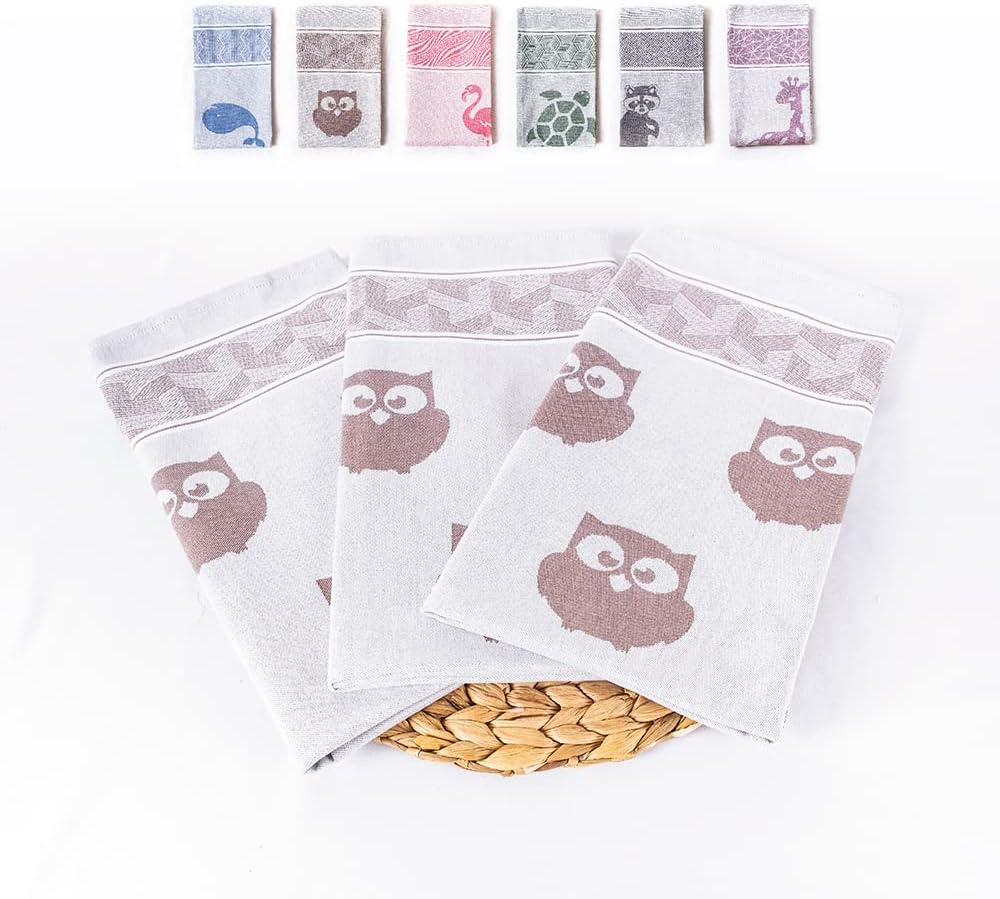 Hencely Tea Towels Set of 3 Brown Owls 100 Organic Cotton