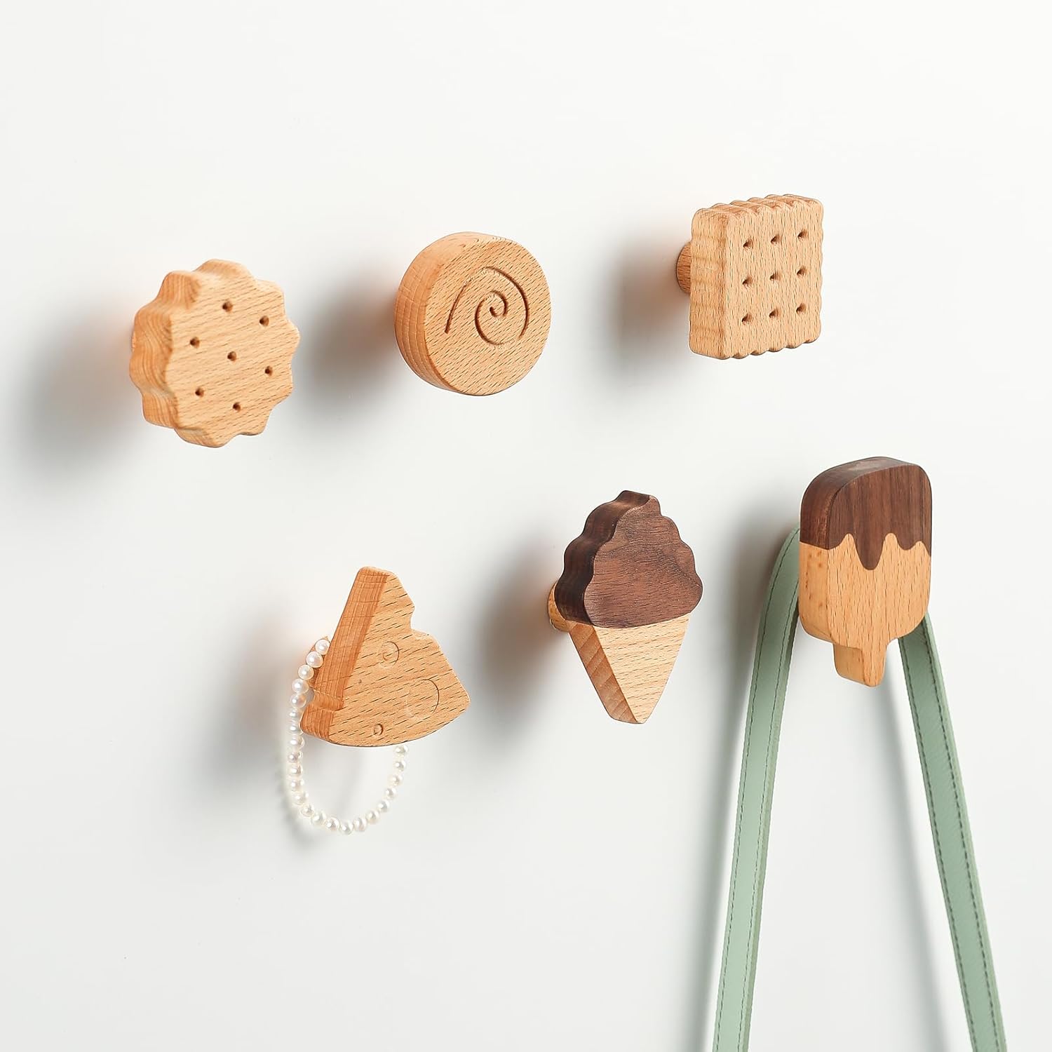 WONQEXZ Wooden Wall Hooks Set of 6 Ice Cream Cookie Design