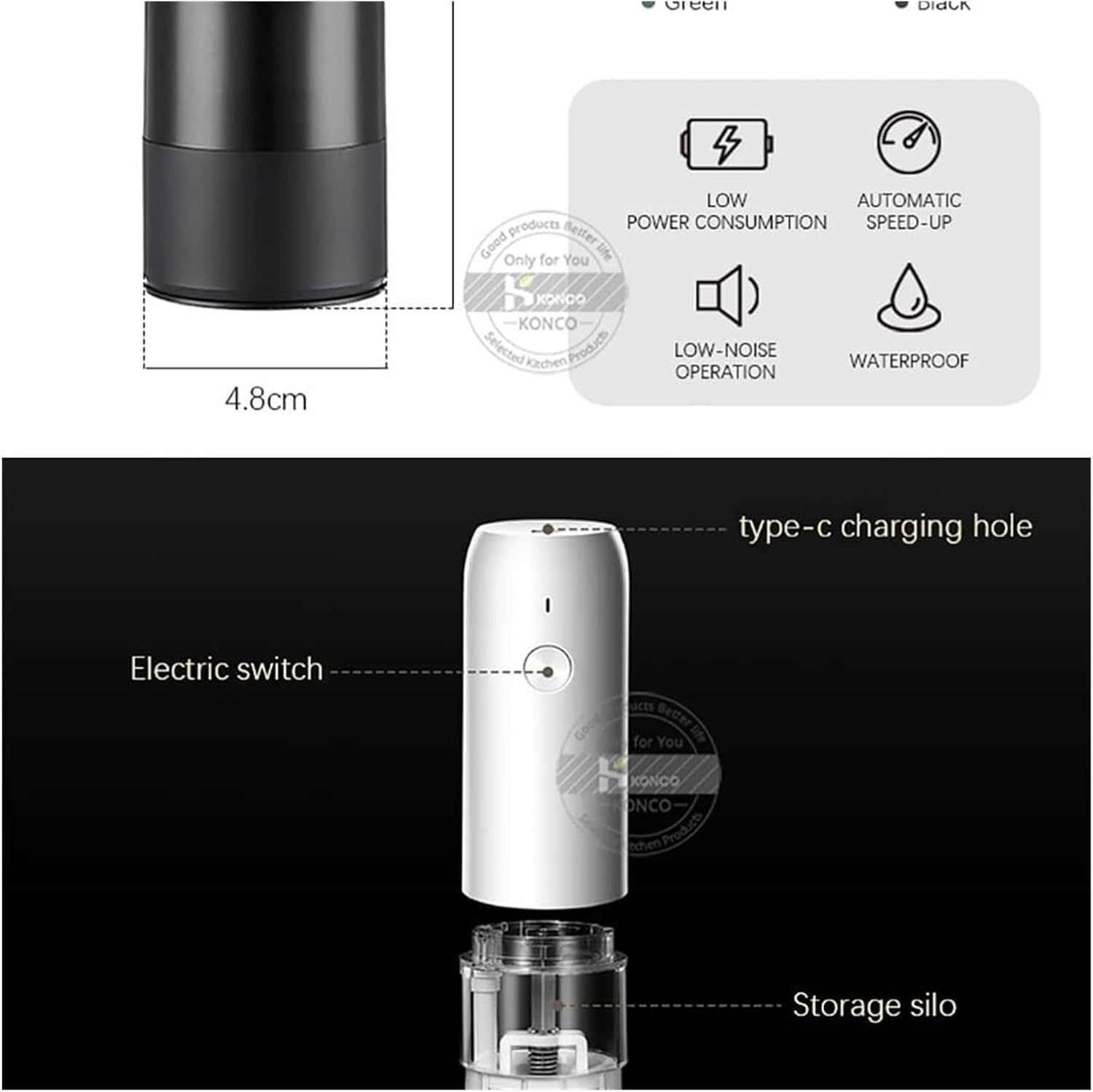 Electric Gravity Pepper Grinder with Adjustable Coarseness and LED Light