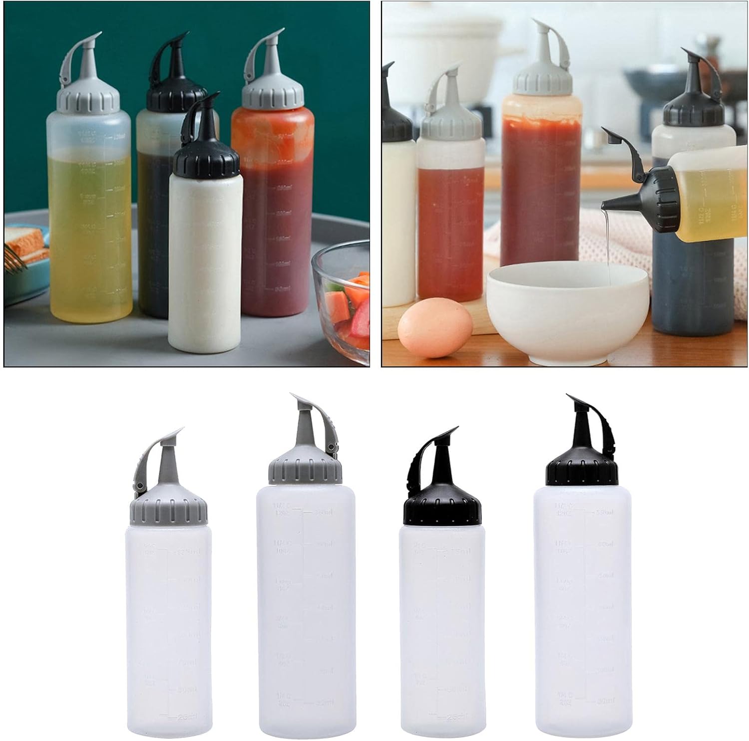 Duiaynke 4 Pack Condiment Squeeze Bottles with Leakproof Lid and Precision Tip