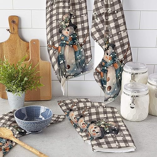 ZOE GARDEN Buffalo Plaid Snowman Dish Towel - 18x28 Quick Dry Christmas Design
