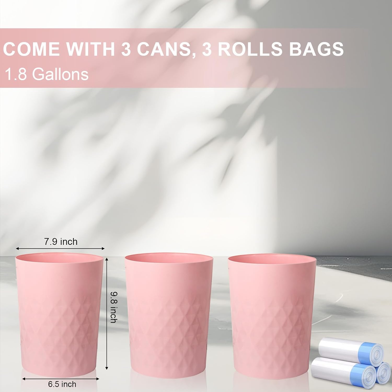 JiatuA 3 Pack Small Trash Cans with Bags - Pink