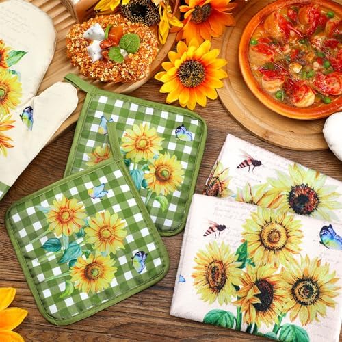 Leinuosen Farmhouse Sunflower Oven Mitts and Dish Towels Set