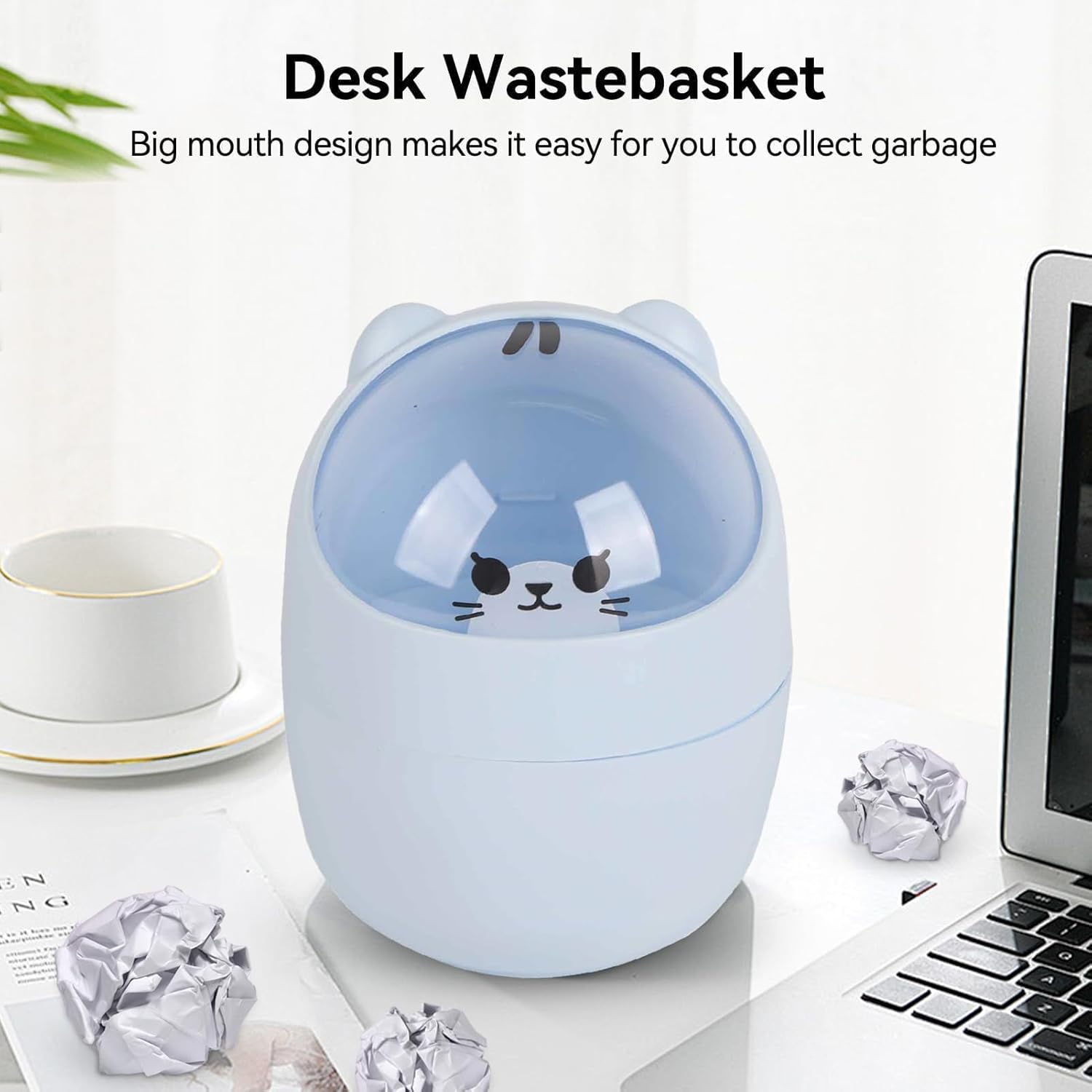 Cute Desktop Trash Can with Swing Lid - Cartoon Cat Design Blue