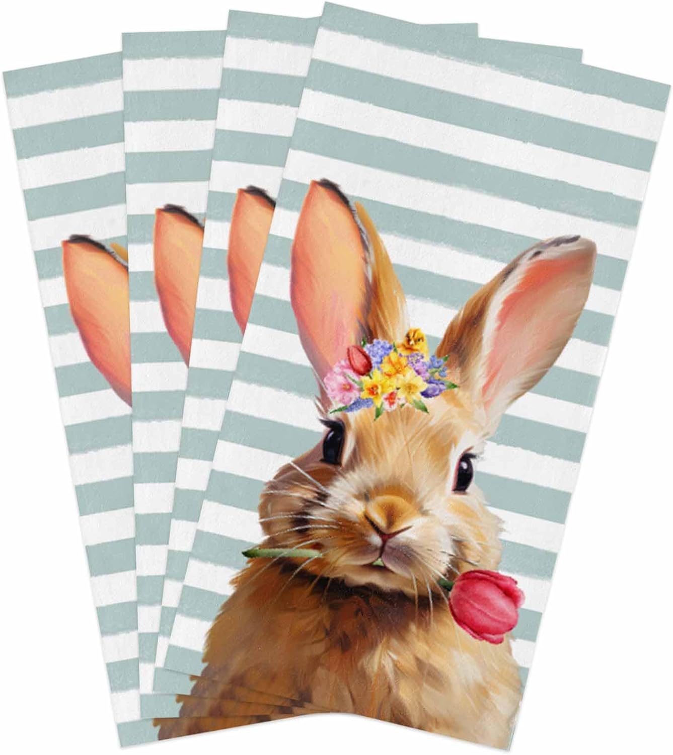 ZOE GARDEN Easter Rabbit Kitchen Towels 4-PC Geometric Stripes Set